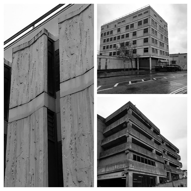Collage of brutalist buildings.