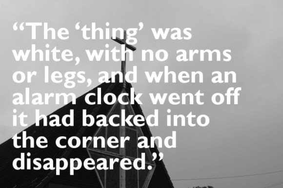 Church spire with pull quote from below.