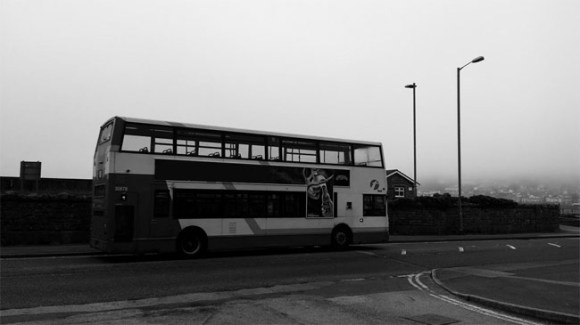 A parked bus.