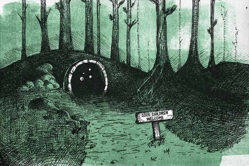A pen and ink drawing of a grotto in a mound in a dark wood. There is a sign that reads "Good children welcome".
