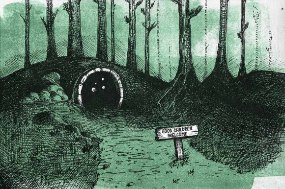 A pen and ink drawing of a grotto in a mound in a dark wood. There is a sign that reads "Good children welcome".