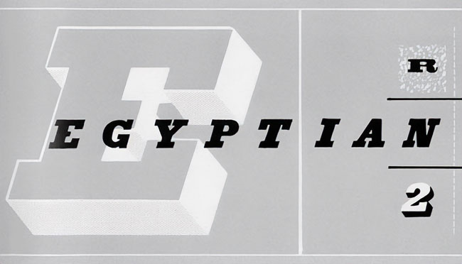A big 3D italic letter E with the word EGYPTIAN overlaid in the same style.
