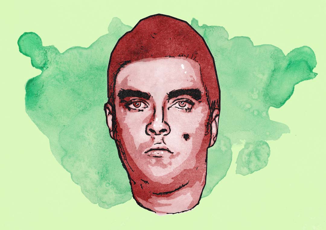 A lurid illustration in ink and watercolour style of a young man with bushy eyebrows, dark hair, and a piercing stare.