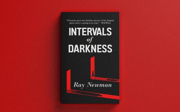 The cover of Intervals of Darkness by Ray Newman. It is mostly black with an illustration showing two doorways bathed in red light. Someone is striding out of one doorway casting a long shadow. In the other doorway is just a shadow, implying an unseen figure.