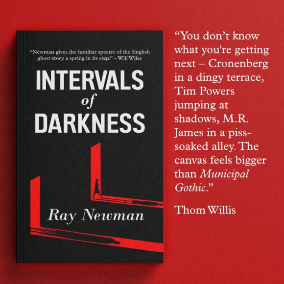 A quote from Thom Willis: "You don't know what you're getting next – Cronenberg in a dingy terrace, Tim Powers jumping at shadows, M.R. James in a piss-soaked alley. The canvas feels bigger than Municipal Gothic."