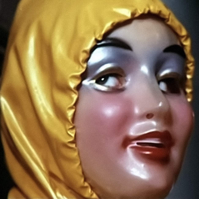 A person in a yellow anorak with a cheap plastic mask covering their face. It has shiny red cheeks and smiling red lips. The whole thing looks waxy and alien.