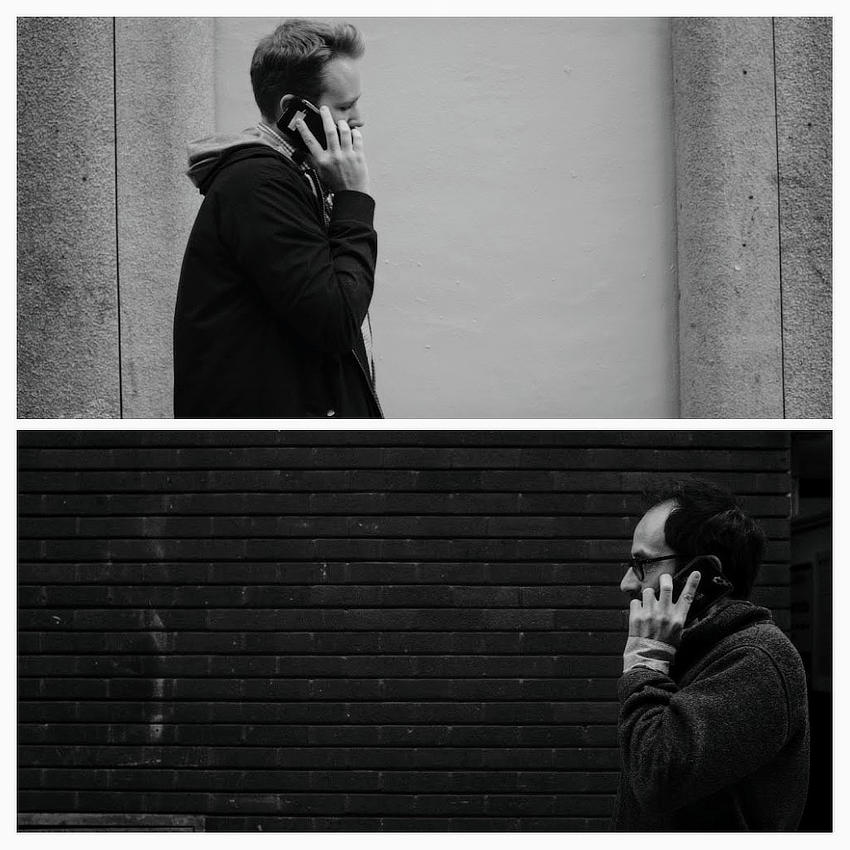 Two photographs of men with phones to their ears walking right and left respectively.