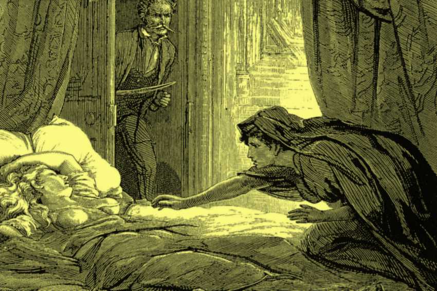 A black and white engraved illustration of a young woman asleep while another woman, half in shadow, reaches out to touch her.