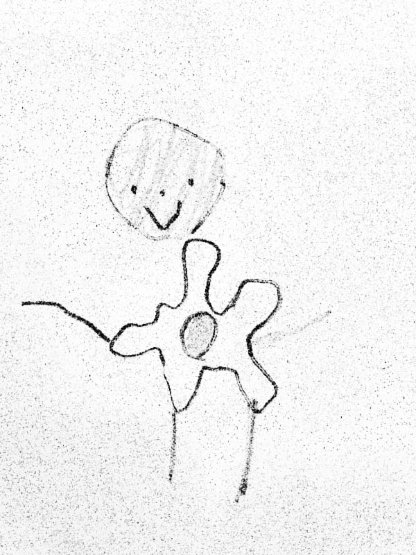 A child's drawing of a smiling woman with a fried egg for a body.