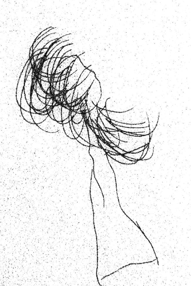 A child's drawing of a vaguely feminine shape with lots of mad dark hair and a sort of white dress.