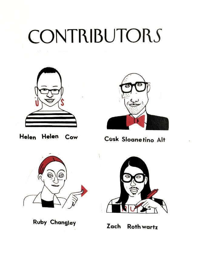A page of contributors to The Nerk: Helen Helen Cow, Cusk Sloanetino Alt, Ruby Changley, Zach Rothwartz. Their faces are made from cut-up caricatures of New Yorker writers, so they all look a bit wrong and odd.