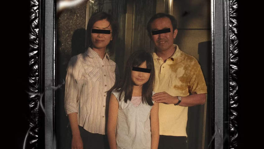 A family photo, mum, dad, daughter, with the eyes blanked out by strips of black.