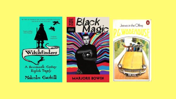 The covers of Witchfinders by Malcolm Gaskill, Black Magic by Marjorie Bowen and Jeeves in the Offing by P.G. Wodehouse.