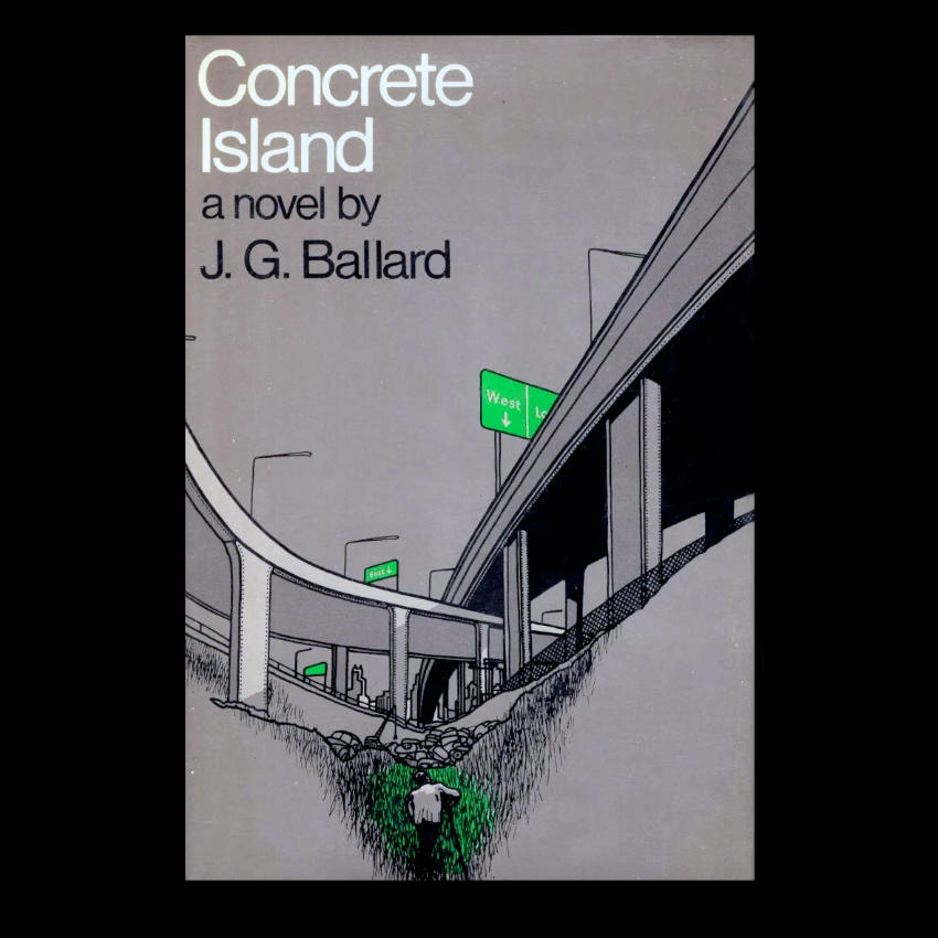 An illustrated book cover with interlocking and overlapping motorway flyovers above a trough of green from which a man is trying to climb.