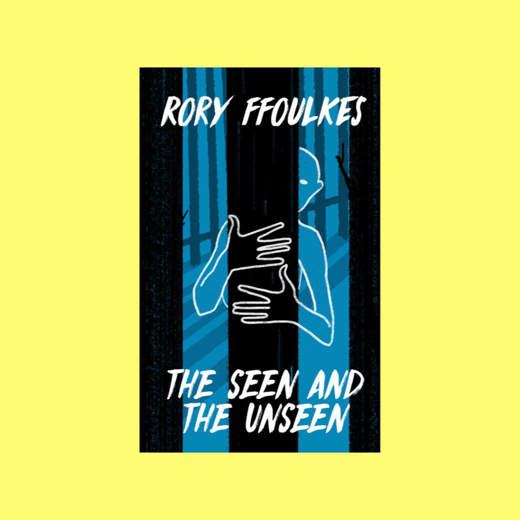 The cover of The Seen and the Unseen with a mysterious glowing transparent figure hugging a tree in a dark forest. 