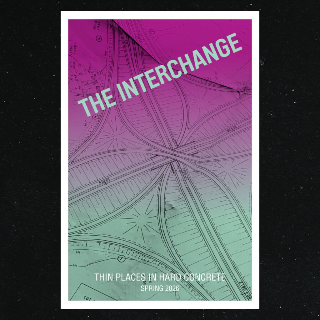 A poster for 'The Interchange' with a backdrop of technical drawings of interconnecting, arterial, plant-like forms.