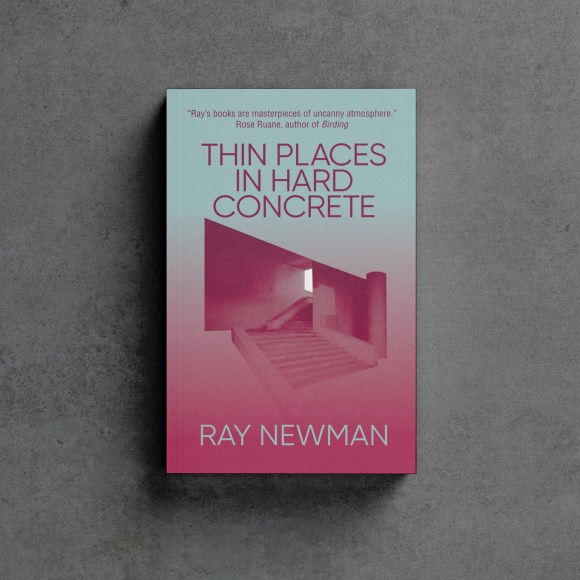 The cover of Thin Places in Hard Concrete with a floating brutalist staircase.
