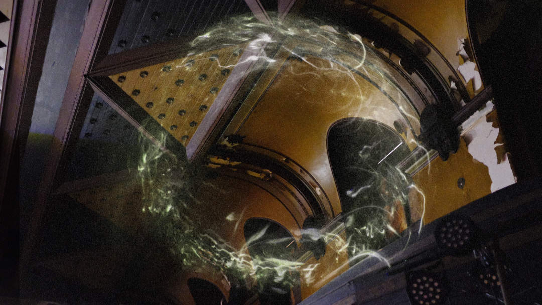 A Victorian music hall with a mysterious swirl of ghostly light.
