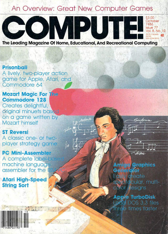 The cover of a magazine featuring an illustration of Mozart making music on a computer.