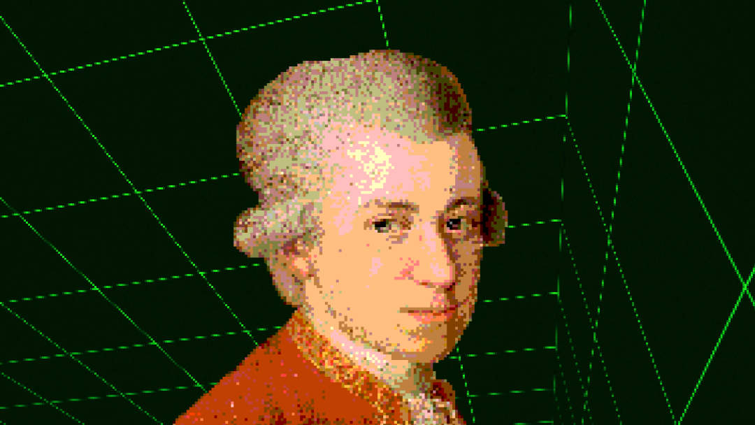 A pixelized portrait of Mozart against a green lazer grid background, like Max Headroom.