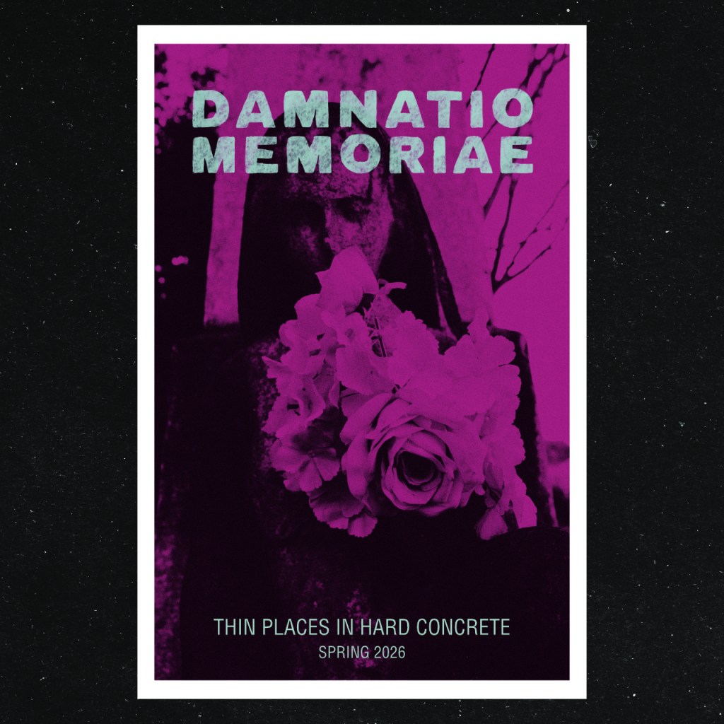 A poster for the story Damnatio Memoriae with a sculpture of a hooded figure and a bunch of plastic flowers.