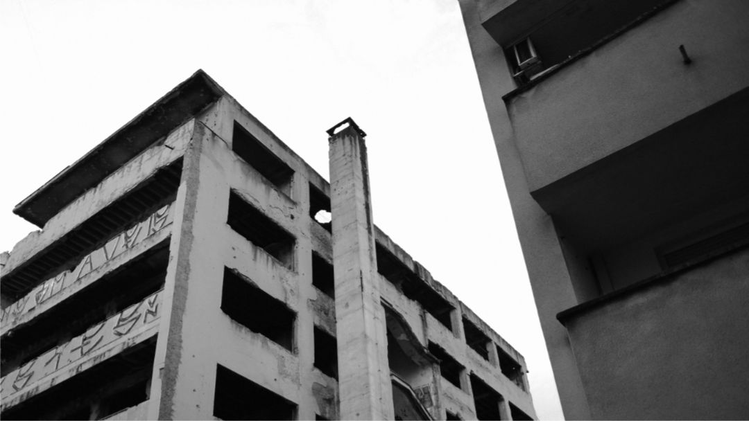 Ruined concrete buildings in Mostar, Bosnia.