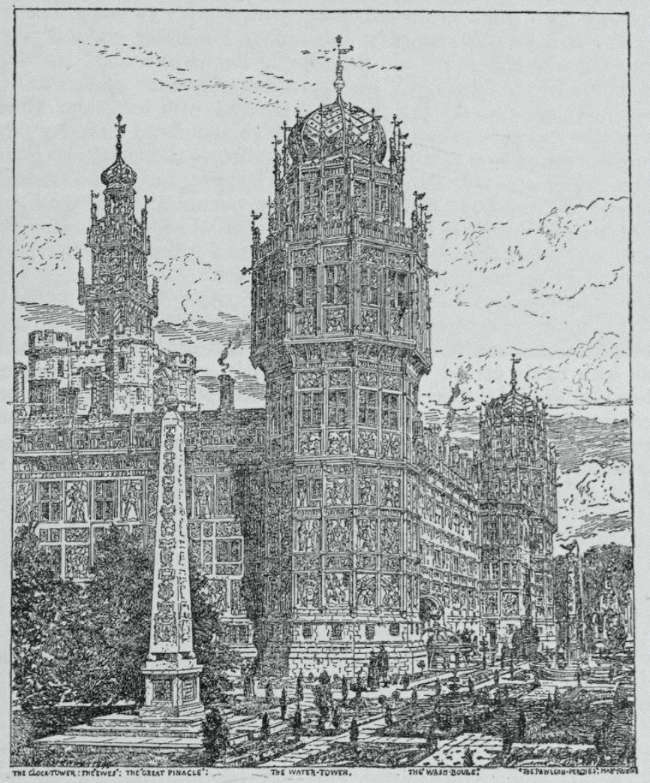 A murky line drawing of an enormous ornate Tudor palace with large gardens and an obelisk.