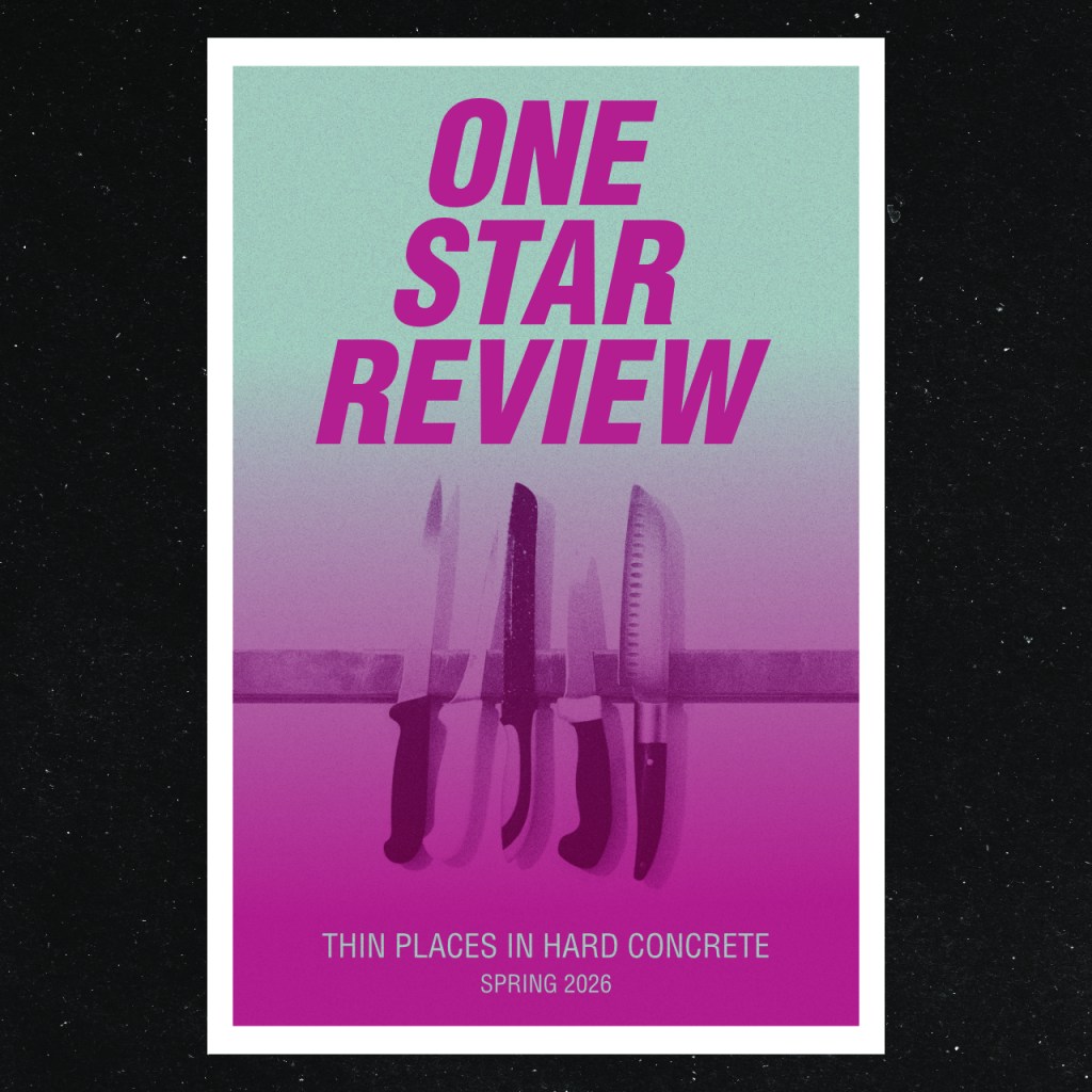 A poster for the story One Star Review showing a row of kitchen knives on a magnetic strip.