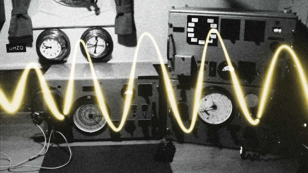 A yellow soundwave overlaid on a grainy shot of old radio equipment.