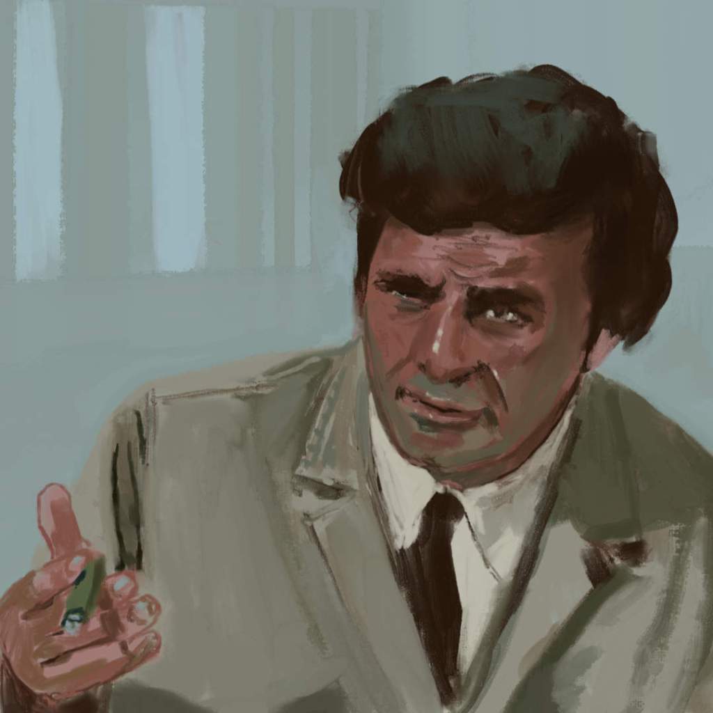 A digital painting of Peter Falk as Columbo asking just one more thing.