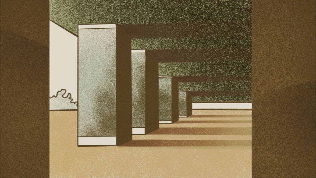 An illustration of the space beneath a brutalist building with big concrete columns.